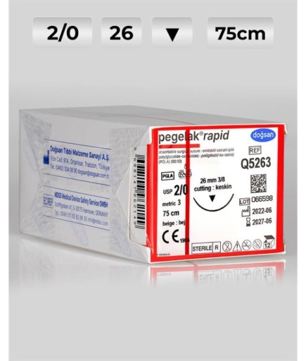 Q5263 DOĞSAN Pegelak Rapid 2/0 26 3/8 Keskin (▼) 75Cm PGLA Emilebilir Sütür 12 Ad./Pkt