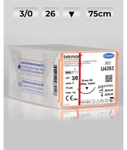 U4263 DOĞSAN Tekmon 3/0 26 3/8 Keskin (▼) 75Cm PGCL Emilebilir Sütür 12 Ad./Pkt