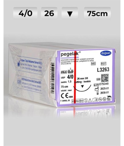 L3263 DOĞSAN Pegelak 4/0 26 3/8 Keskin (▼) 75Cm PGLA Emilebilir Sütür 12 Ad./Pkt