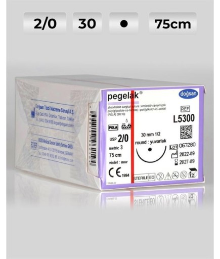 L5300 DOĞSAN Pegelak 2/0 30 1/2 Yuvarlak (●) 75Cm PGLA Emilebilir Sütür 12 Ad./Pkt