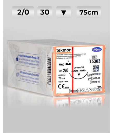 T5303 DOĞSAN Tekmon 2/0 30 3/8 Keskin (▼) 75Cm PGCL Emilebilir Sütür 12 Ad./Pkt