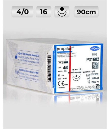 P31602 DOĞSAN Propilen 4/0 16 1/2 Yuvarlak (●),Çift 90Cm Polipropilen Emilemeyen Sütür 12 Ad./Pkt