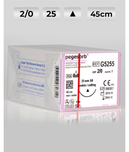 G5255 DOĞSAN Pegesorb 2/0 25 3/8 Keskin (Δ) 45Cm PGA Emilebilir Sütür 12 Ad./Pkt