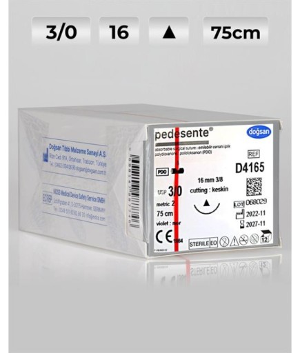 D4165 DOĞSAN Pedesente 3/0 16 3/8 Keskin (Δ) 75Cm PDO Emilebilir Sütür 12 Ad./Pkt