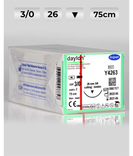 Y4263 DOĞSAN Daylon 3/0 26 3/8 Keskin (▼) 75Cm Polyamid Emilemeyen Sütür 12 Ad./Pkt