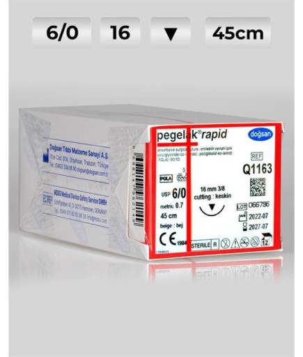 Q1163 DOĞSAN Pegelak Rapid 6/0 16 3/8 Keskin (▼) 45Cm PGLA Emilebilir Sütür 12 Ad./Pkt