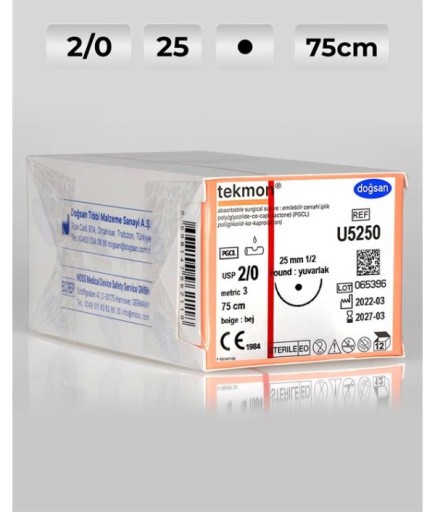 U5250 DOĞSAN Tekmon 2/0 25 1/2 Yuvarlak (●) 75Cm PGCL Emilebilir Sütür 12 Ad./Pkt
