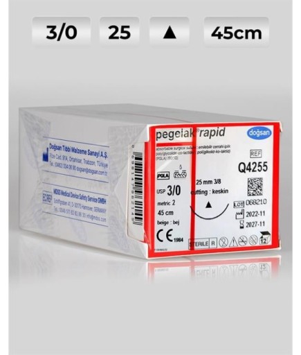 Q4255 DOĞSAN Pegelak Rapid 3/0 25 3/8 Keskin (Δ) 45Cm PGLA Emilebilir Sütür 12 Ad./Pkt