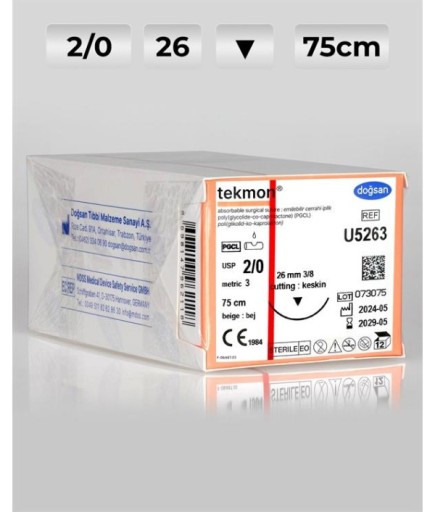 U5263 DOĞSAN Tekmon 2/0 26 3/8 Keskin (▼) 75Cm PGCL Emilebilir Sütür 12 Ad./Pkt