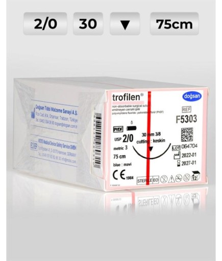 F5303 DOĞSAN Trofilen 2/0 30 3/8 Keskin (▼) 75Cm PVDF Emilemeyen Sütür 12 Ad./Pkt