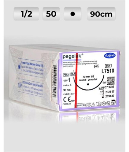 L7510 DOĞSAN Pegelak 1 50 1/2 Yuvarlak (●) 90Cm PGLA Emilebilir Sütür 12 Ad./Pkt