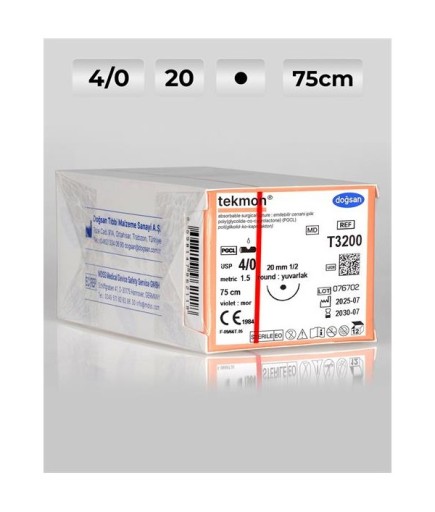 T3200 DOĞSAN Tekmon 4/0 20 1/2 Yuvarlak (●) 75Cm PGCL Emilebilir Sütür 12 Ad./Pkt