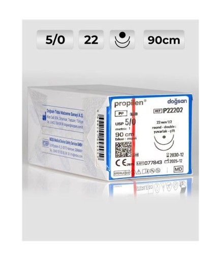 P22202 DOĞSAN Propilen 5/0 22 1/2 Yuvarlak (●) 90Cm Polipropilen Emilemeyen Sütür 12 Ad./Pkt