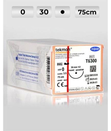 T6300 DOĞSAN Tekmon 0 30 1/2 Yuvarlak (●) 75Cm PGCL Emilebilir Sütür 12 Ad./Pkt