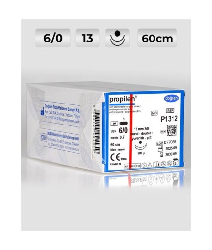 P1312 DOĞSAN Propilen 6/0 13 3/8 Yuvarlak (●),Çift 60Cm Polipropilen Emilemeyen Sütür 12 Ad./Pkt