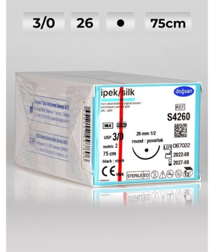 S4260 DOĞSAN İpek 3/0 26 1/2 Yuvarlak (●) 75Cm İpek Emilemeyen Sütür 12 Ad./Pkt