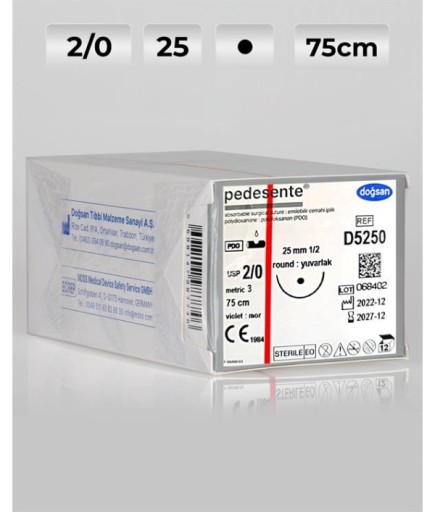 D5250 DOĞSAN Pedesente 2/0 25 1/2 Yuvarlak (●) 75Cm PDO Emilebilir Sütür 12 Ad./Pkt