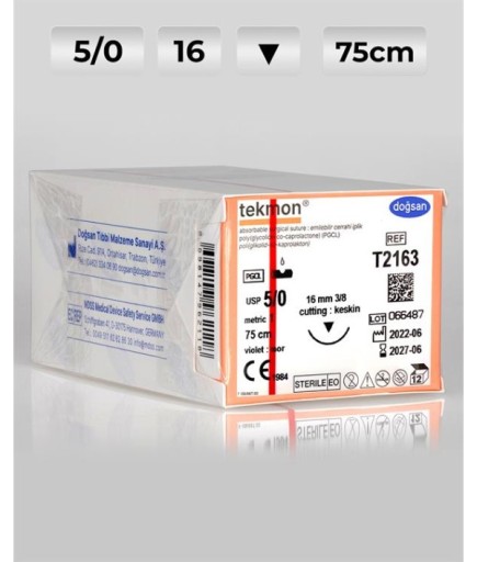 T2163 DOĞSAN Tekmon 5/0 16 3/8 Keskin (▼) 75Cm PGCL Emilebilir Sütür 12 Ad./Pkt