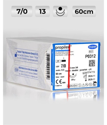 P0312 DOĞSAN Propilen 7/0 13 3/8 Yuvarlak (●),Çift 60Cm Polipropilen Emilemeyen Sütür 12 Ad./Pkt