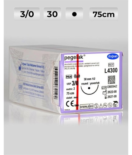 L4300 DOĞSAN Pegelak 3/0 30 1/2 Yuvarlak (●) 75Cm PGLA Emilebilir Sütür 12 Ad./Pkt