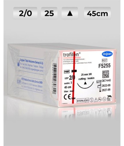 F5255 DOĞSAN Trofilen 2/0 25 3/8 Keskin (Δ) 45Cm PVDF Emilemeyen Sütür 12 Ad./Pkt