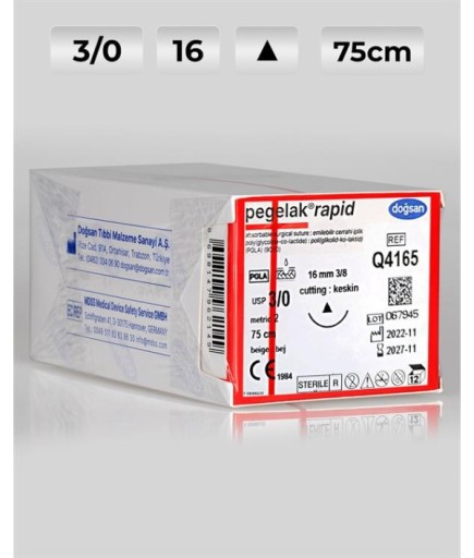 Q4165 DOĞSAN Pegelak Rapid 3/0 16 3/8 Keskin (Δ) 75Cm PGLA Emilebilir Sütür 12 Ad./Pkt