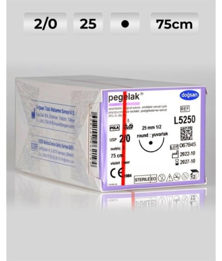 L5250 DOĞSAN Pegelak 2/0 25 1/2 Yuvarlak (●) 75Cm PGLA Emilebilir Sütür 12 Ad./Pkt
