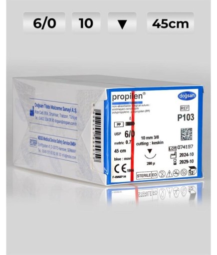 P103 DOĞSAN Propilen 6/0 10 3/8 Keskin (▼) 45Cm Polipropilen Emilemeyen Sütür 12 Ad./Pkt