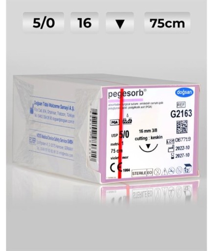 G2163 DOĞSAN Pegesorb 5/0 16 3/8 Keskin (▼) 75Cm PGA Emilebilir Sütür 12 Ad./Pkt