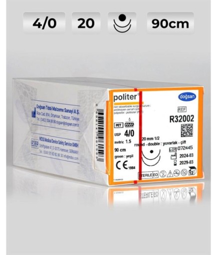 R32002 DOĞSAN Politer 4/0 20 1/2 Yuvarlak (●) 90Cm Polyester Emilemeyen Sütür 12 Ad./Pkt