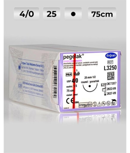 L3250 DOĞSAN Pegelak 4/0 25 1/2 Yuvarlak (●) 75Cm PGLA Emilebilir Sütür 12 Ad./Pkt