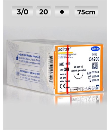 O4200 DOĞSAN Politer 3/0 20 1/2 Yuvarlak (●) 75Cm Polyester Emilemeyen Sütür 12 Ad./Pkt