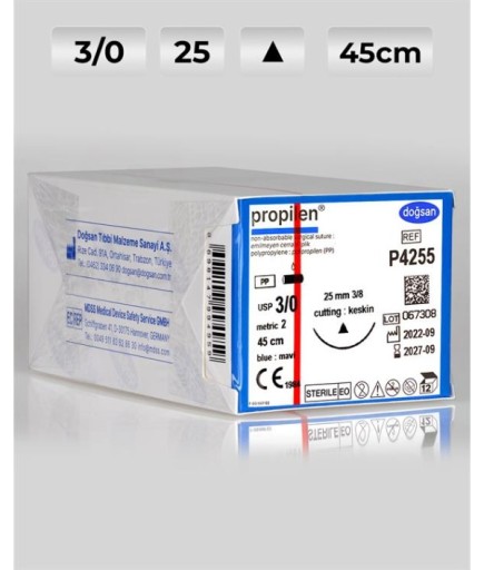 P4255 DOĞSAN Propilen 3/0 25 3/8 Keskin (Δ) 45Cm Polipropilen Emilemeyen Sütür 12 Ad./Pkt