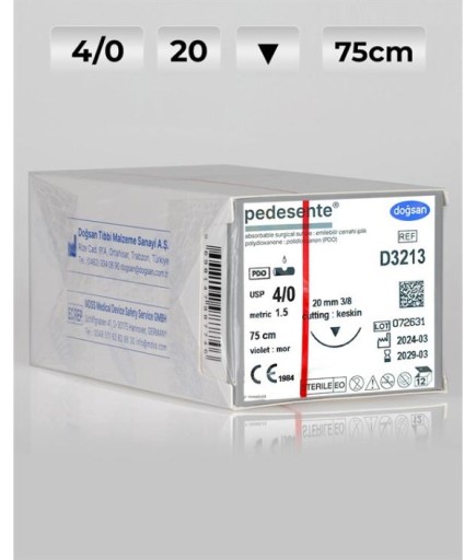 D3213 DOĞSAN Pedesente 4/0 20 3/8 Keskin (▼) 75Cm PDO Emilebilir Sütür 12 Ad./Pkt