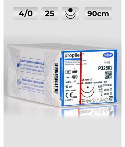 P32502 DOĞSAN Propilen 4/0 25 1/2 Yuvarlak (●),Çift 90Cm Polipropilen Emilemeyen Sütür 12 Ad./Pkt