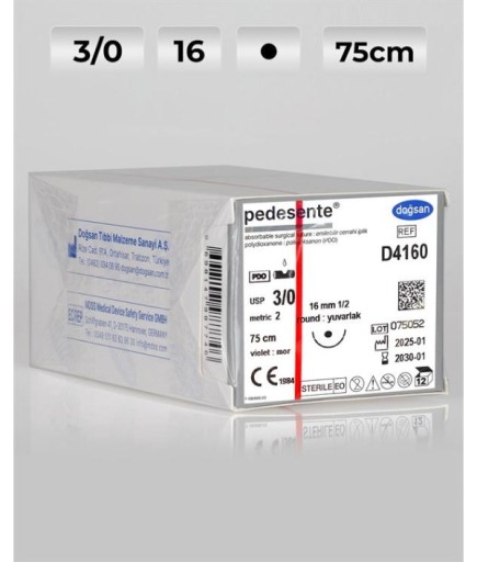 D4160 DOĞSAN Pedesente 3/0 16 1/2 Yuvarlak (●) 75Cm PDO Emilebilir Sütür 12 Ad./Pkt