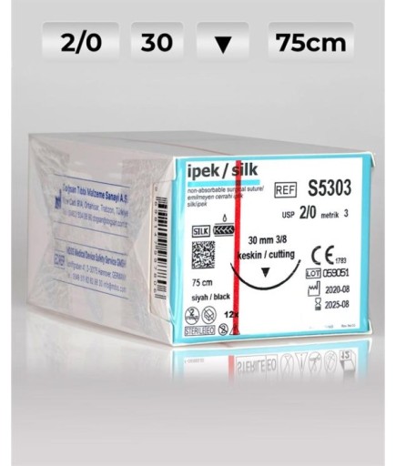 S5303 DOĞSAN İpek 2/0 30 3/8 Keskin (▼) 75Cm İpek Emilemeyen Sütür 12 Ad./Pkt