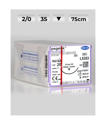 L5353 DOĞSAN Pegelak 2/0 35 3/8 Keskin (▼) 75Cm PGLA Emilebilir Sütür 12 Ad./Pkt
