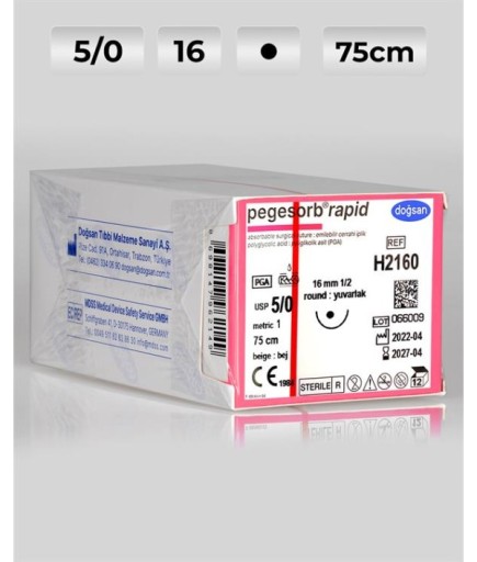 H2160 DOĞSAN Pegesorb Rapid 5/0 16 1/2 Yuvarlak (●) 75Cm PGLA Emilebilir Sütür 12 Ad./Pkt