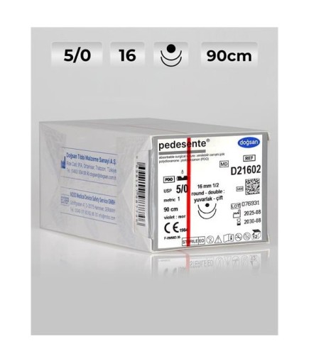 D21602 DOĞSAN Pedesente 5/0 16 1/2 Yuvarlak (●),Çift 90Cm PDO Emilebilir Sütür 12 Ad./Pkt