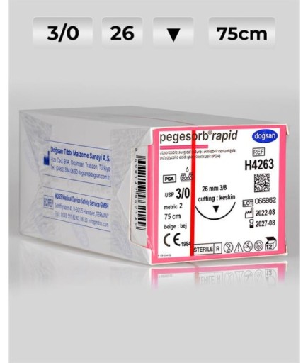 H4263 DOĞSAN Pegesorb Rapid 3/0 26 3/8 Keskin (▼) 75Cm PGLA Emilebilir Sütür 12 Ad./Pkt