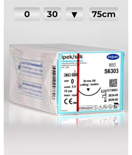 S6303 DOĞSAN İpek 0 30 3/8 Keskin (▼) 75Cm İpek Emilemeyen Sütür 12 Ad./Pkt