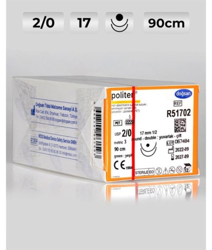 R51702 DOĞSAN Politer 2/0 17 1/2 Yuvarlak (●),Çift 90Cm Polyester Emilemeyen Sütür 12 Ad./Pkt
