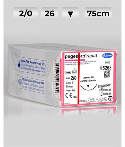 H5263 DOĞSAN Pegesorb Rapid 2/0 26 3/8 Keskin (▼) 75Cm PGLA Emilebilir Sütür 12 Ad./Pkt