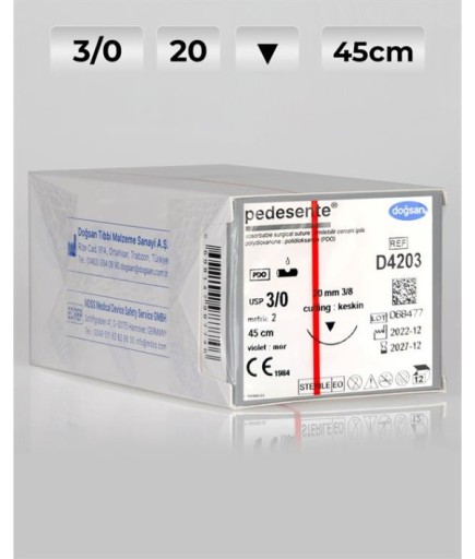 D4203 DOĞSAN Pedesente 3/0 20 3/8 Keskin (▼) 45Cm PDO Emilebilir Sütür 12 Ad./Pkt