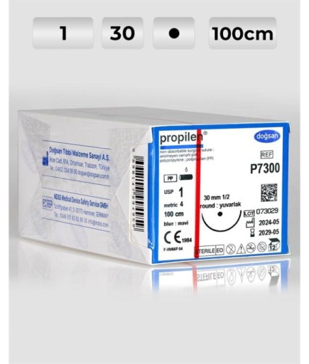 P7300 DOĞSAN Propilen 1 30 1/2 Yuvarlak (●) 100Cm Polipropilen Emilemeyen Sütür 12 Ad./Pkt