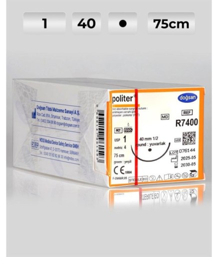 R7400 DOĞSAN Politer 1 40 1/2 Yuvarlak (●) 75Cm Polyester Emilemeyen Sütür 12 Ad./Pkt