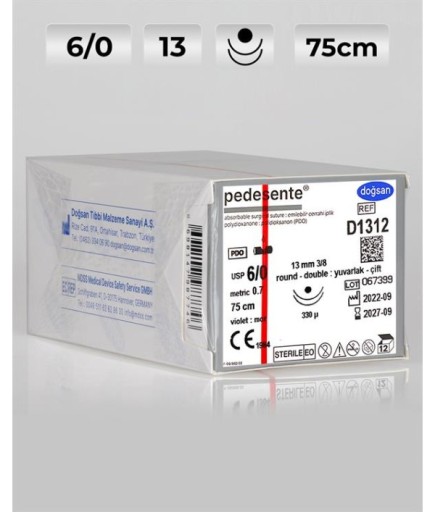 D1312 DOĞSAN Pedesente 6/0 13 3/8 Yuvarlak (●),Çift 75Cm PDO Emilebilir Sütür 12 Ad./Pkt