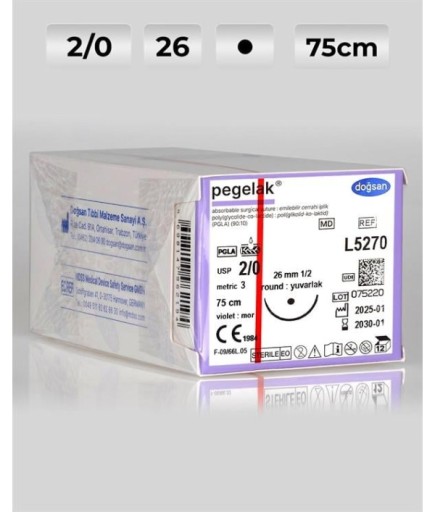 L5270 DOĞSAN Pegelak 2/0 26 1/2 Yuvarlak (●) 75Cm PGLA Emilebilir Sütür 12 Ad./Pkt