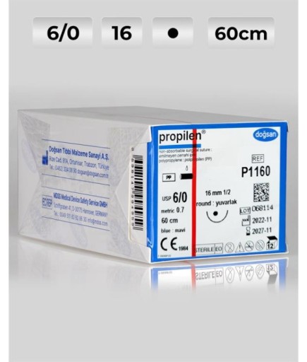 P1160 DOĞSAN Propilen 6/0 16 1/2 Yuvarlak (●) 60Cm Polipropilen Emilemeyen Sütür 12 Ad./Pkt